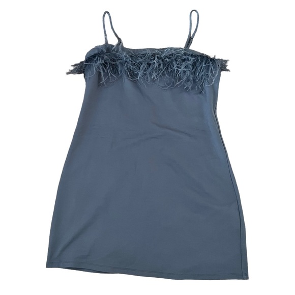 Feather Trim Bodycon Dress Color Slate Blue Size L - Picture 3 of 4